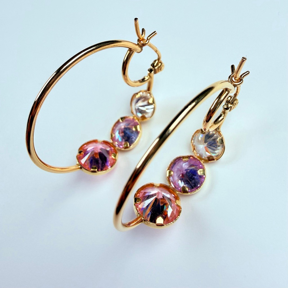 14K Solid Yellow Gold Rock Candy Gemstone Modern Hoop Earrings 28MM - Picture 7 of 13